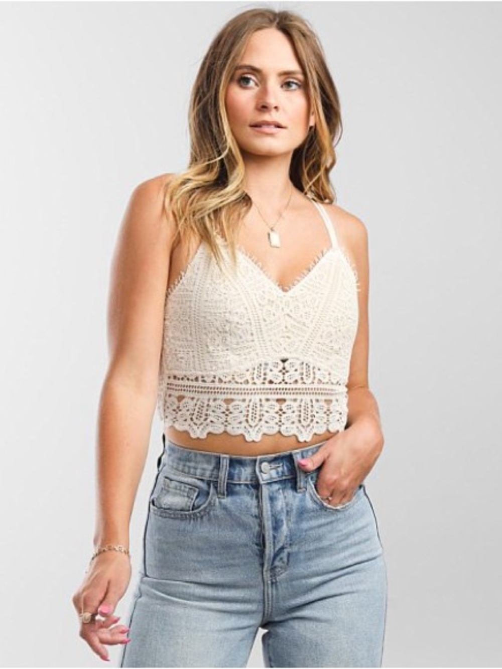 Willow & Root Crochet Full Coverage Bralette Natural Size Large Boho V-Neck